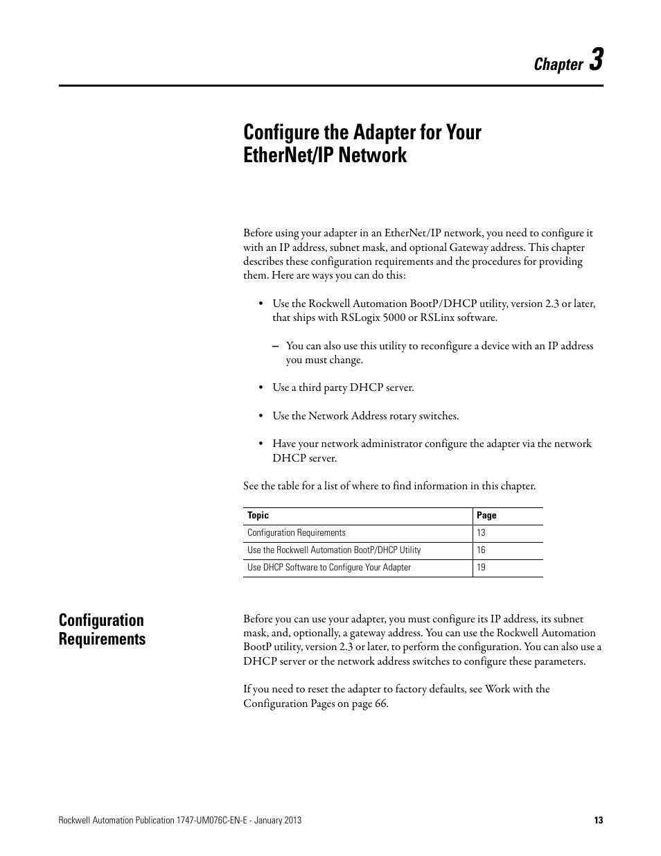Configure the adapter for your ethernet/ip network, Chapter 3, Configuration requirements | Chapter | Rockwell Automation 1747-AENTR SLC 500 EtherNet/IP Adapter User Manual User Manual | Page 19 / 84
