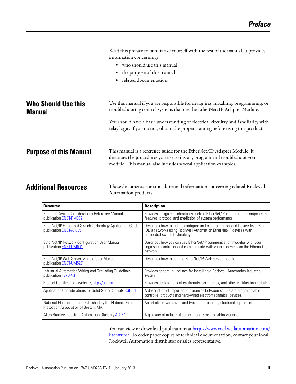 Preface, Who should use this manual, Purpose of this manual | Additional resources | Rockwell Automation 1747-AENTR SLC 500 EtherNet/IP Adapter User Manual User Manual | Page 3 / 84