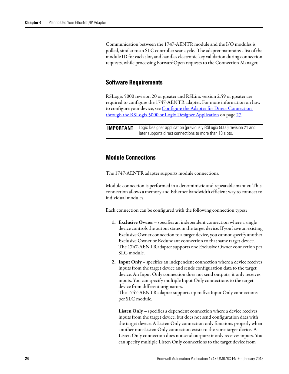 Software requirements, Module connections, Software requirements module connections | Rockwell Automation 1747-AENTR SLC 500 EtherNet/IP Adapter User Manual User Manual | Page 30 / 84