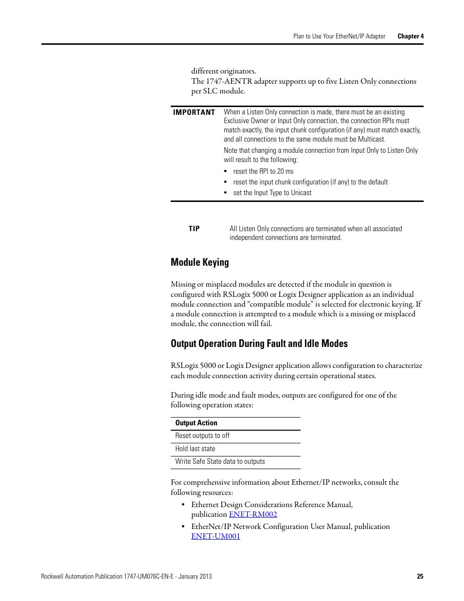 Module keying, Output operation during fault and idle modes | Rockwell Automation 1747-AENTR SLC 500 EtherNet/IP Adapter User Manual User Manual | Page 31 / 84