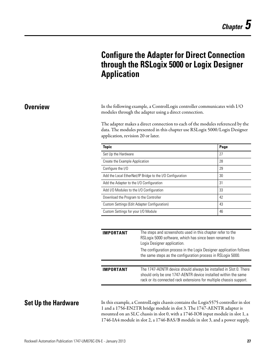 Chapter 5, Overview, Configure the adapter for direct connection | Chapter, Set up the hardware | Rockwell Automation 1747-AENTR SLC 500 EtherNet/IP Adapter User Manual User Manual | Page 33 / 84