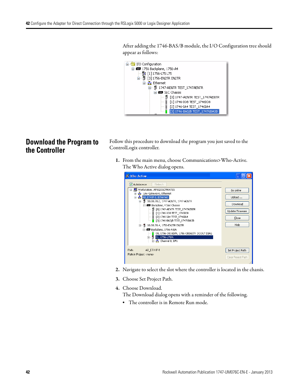 Download the program to the controller | Rockwell Automation 1747-AENTR SLC 500 EtherNet/IP Adapter User Manual User Manual | Page 48 / 84