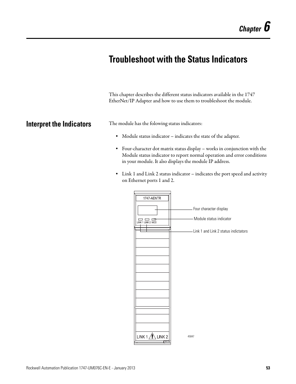 6 - troubleshoot with the status indicators, Troubleshoot with the status indicators, Chapter 6 | Interpret the indicators, Chapter | Rockwell Automation 1747-AENTR SLC 500 EtherNet/IP Adapter User Manual User Manual | Page 59 / 84
