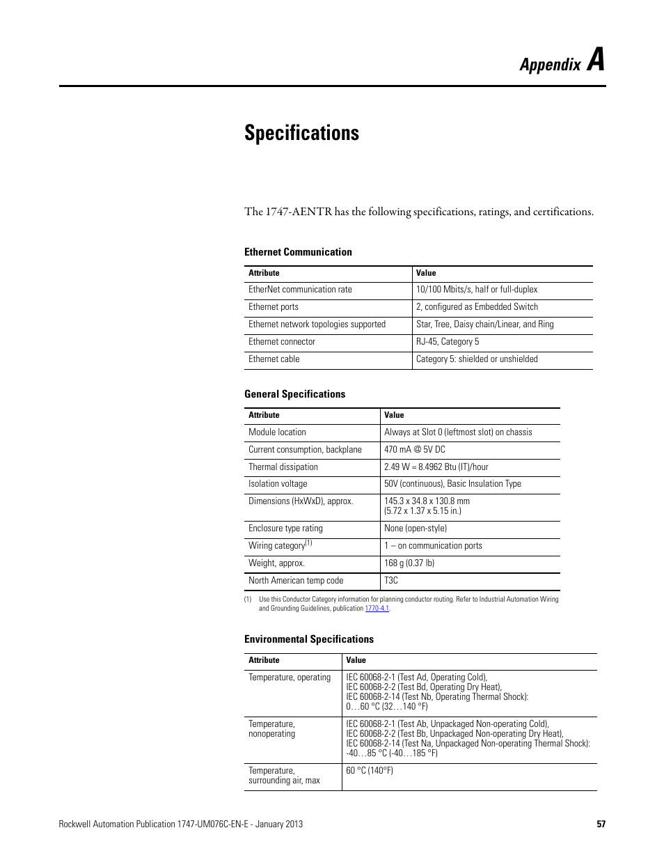 A - specifications, Specifications, Appendix a | Appendix | Rockwell Automation 1747-AENTR SLC 500 EtherNet/IP Adapter User Manual User Manual | Page 63 / 84