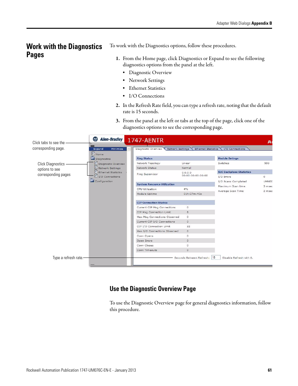Work with the diagnostics pages, Use the diagnostic overview page | Rockwell Automation 1747-AENTR SLC 500 EtherNet/IP Adapter User Manual User Manual | Page 67 / 84