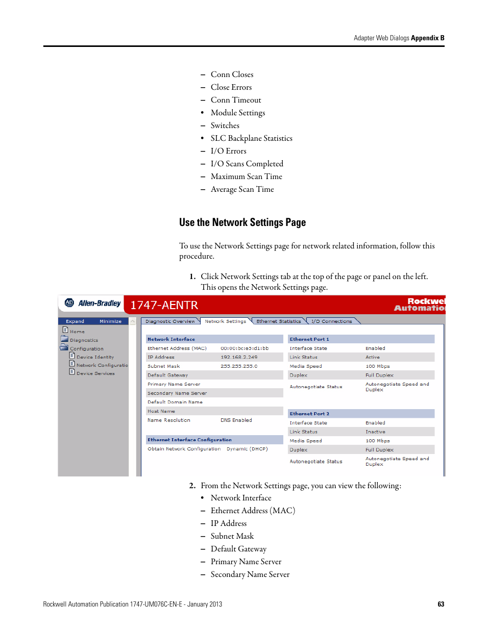 Use the network settings page | Rockwell Automation 1747-AENTR SLC 500 EtherNet/IP Adapter User Manual User Manual | Page 69 / 84