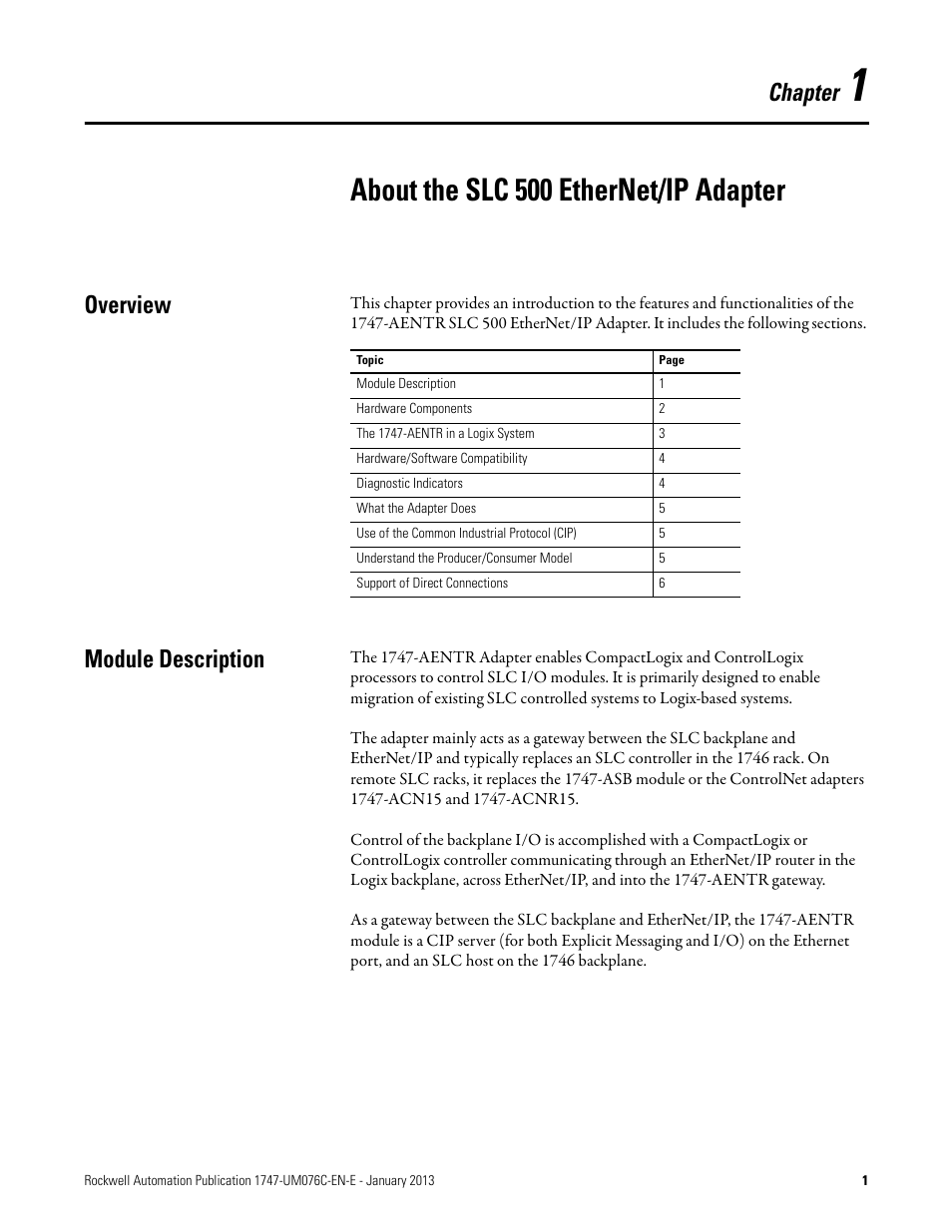 1 - about the slc 500 ethernet/ip adapter, About the slc 500 ethernet/ip adapter, Chapter 1 | Overview module description, Chapter, Overview, Module description | Rockwell Automation 1747-AENTR SLC 500 EtherNet/IP Adapter User Manual User Manual | Page 7 / 84