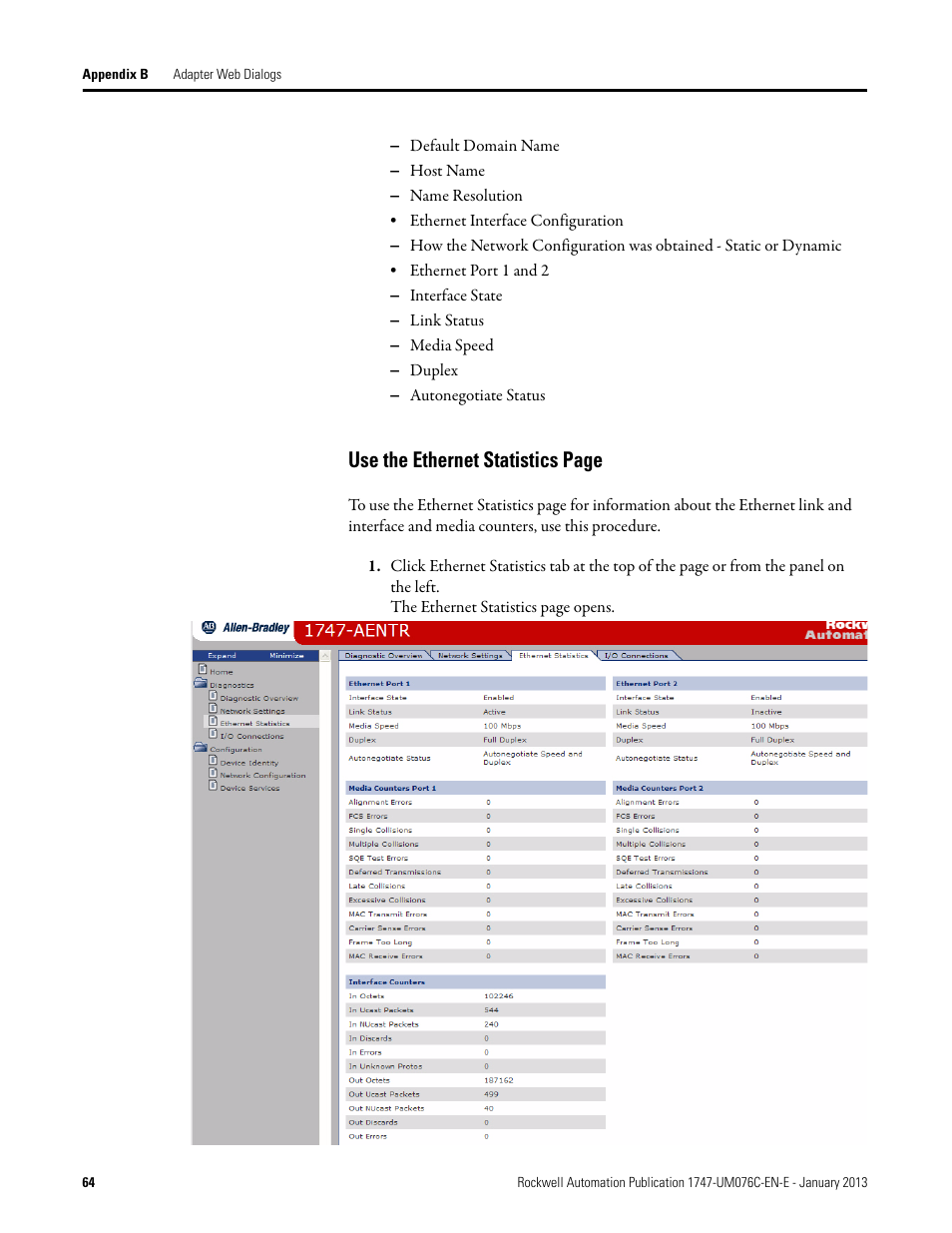 Use the ethernet statistics page | Rockwell Automation 1747-AENTR SLC 500 EtherNet/IP Adapter User Manual User Manual | Page 70 / 84