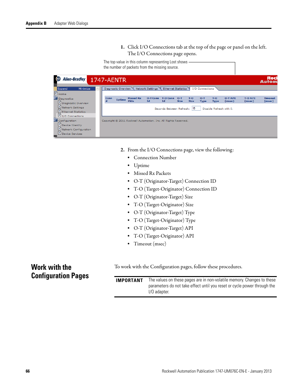 Work with the configuration pages | Rockwell Automation 1747-AENTR SLC 500 EtherNet/IP Adapter User Manual User Manual | Page 72 / 84