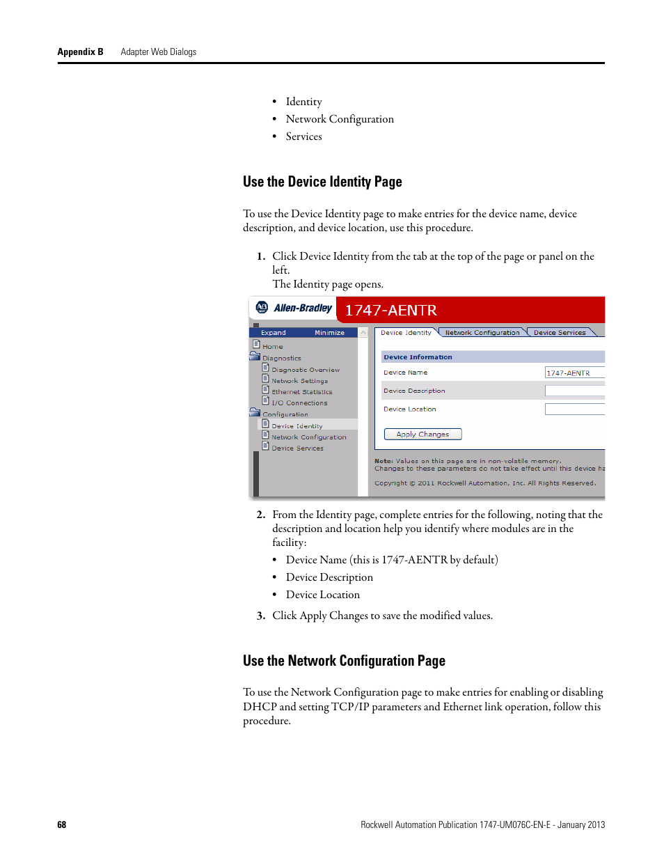 Use the device identity page, Use the network configuration page | Rockwell Automation 1747-AENTR SLC 500 EtherNet/IP Adapter User Manual User Manual | Page 74 / 84