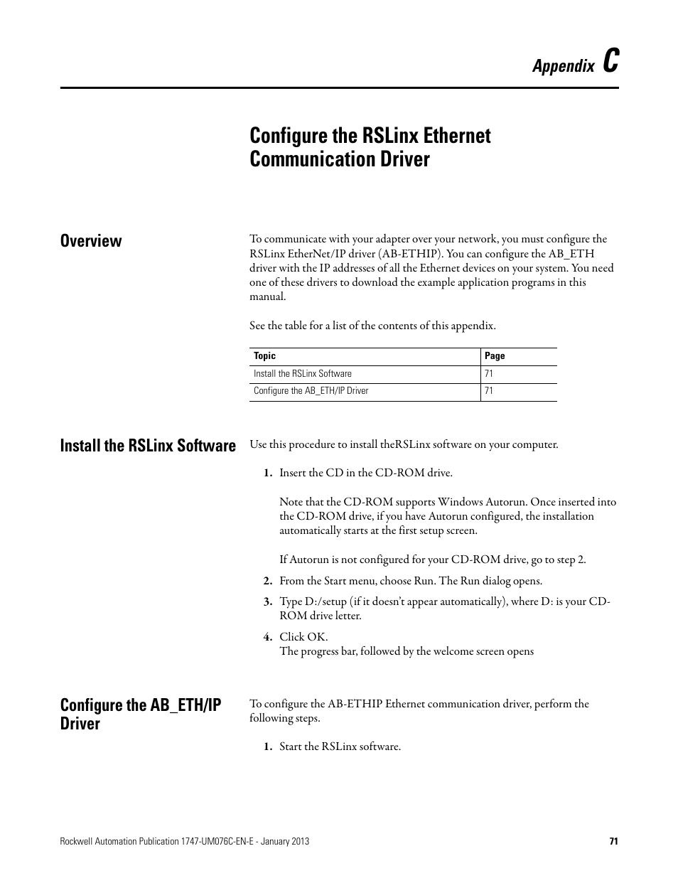 Configure the rslinx ethernet communication driver, Appendix c, Appendix | Overview, Install the rslinx software, Configure the ab_eth/ip driver | Rockwell Automation 1747-AENTR SLC 500 EtherNet/IP Adapter User Manual User Manual | Page 77 / 84