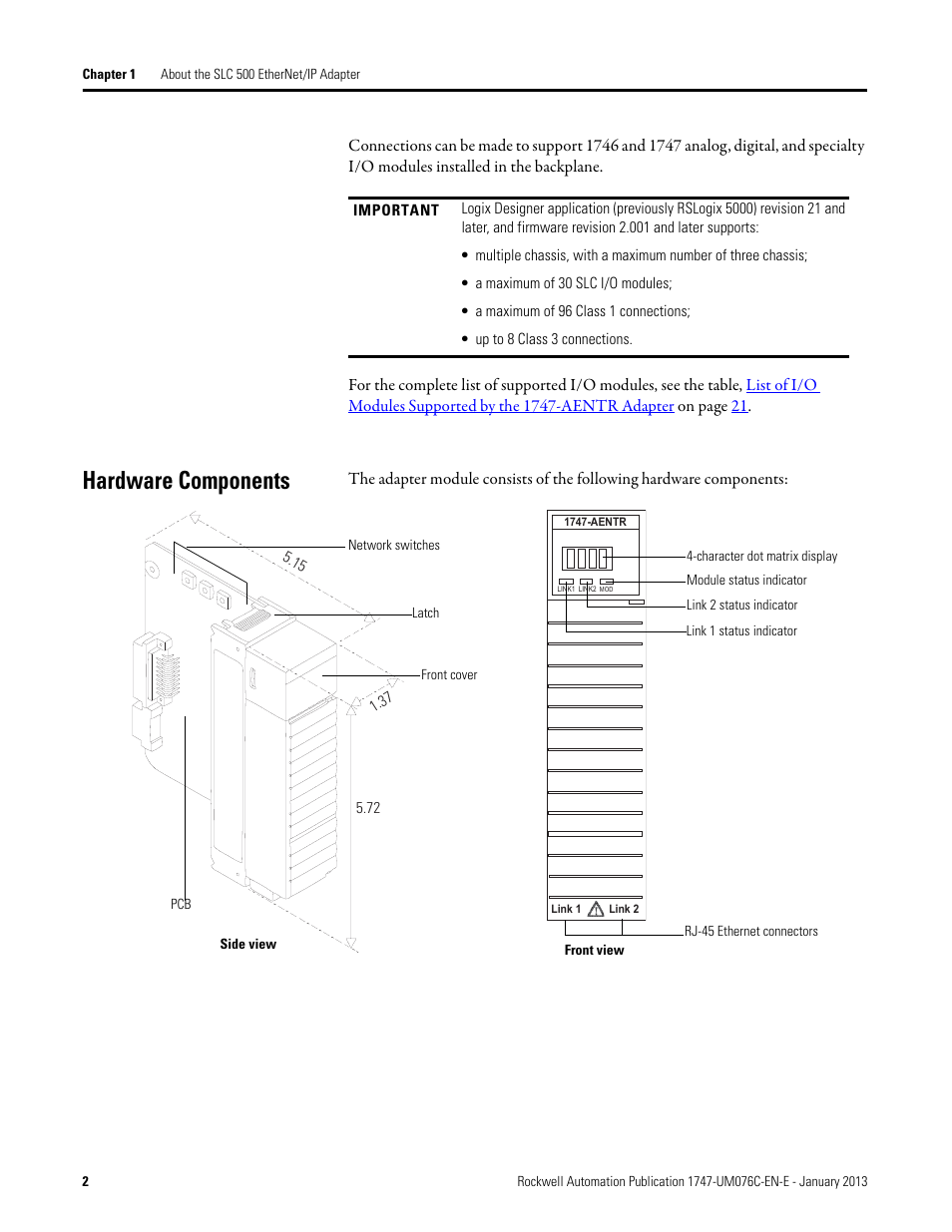 Hardware components | Rockwell Automation 1747-AENTR SLC 500 EtherNet/IP Adapter User Manual User Manual | Page 8 / 84