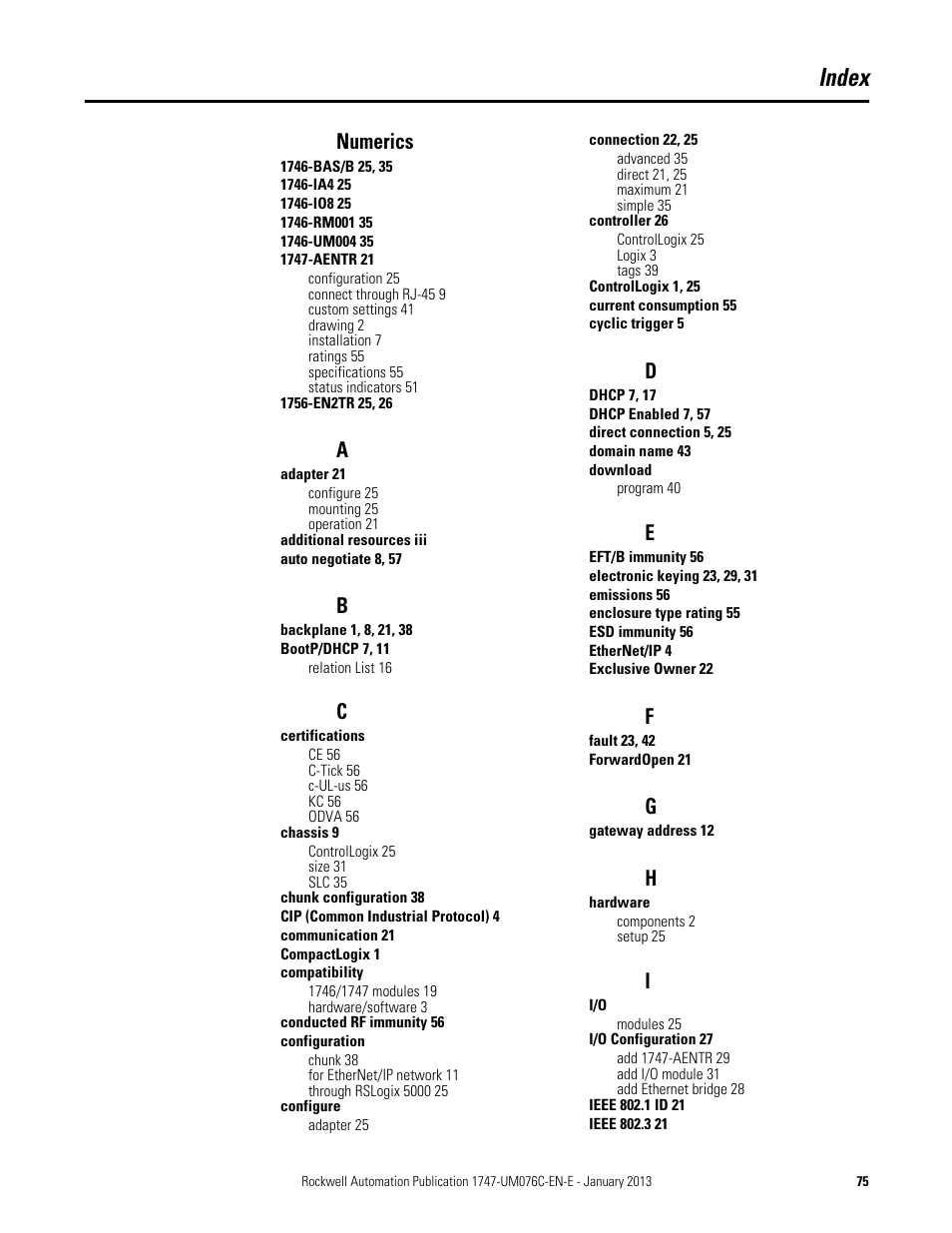 Index, Numerics | Rockwell Automation 1747-AENTR SLC 500 EtherNet/IP Adapter User Manual User Manual | Page 81 / 84