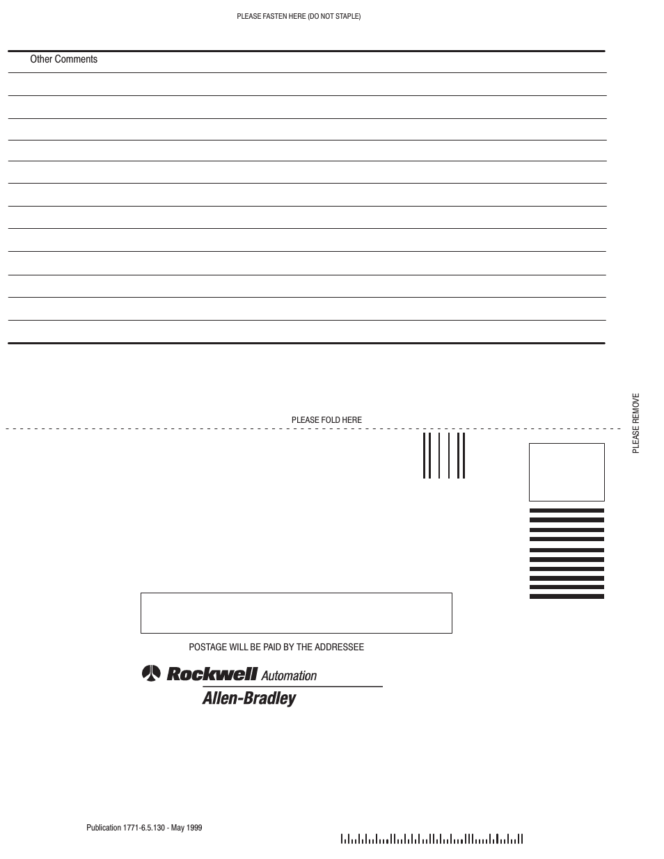 Business reply mail | Rockwell Automation 1771-IXE/D Thermocouple/Millivolt Input Module User Manual User Manual | Page 84 / 85