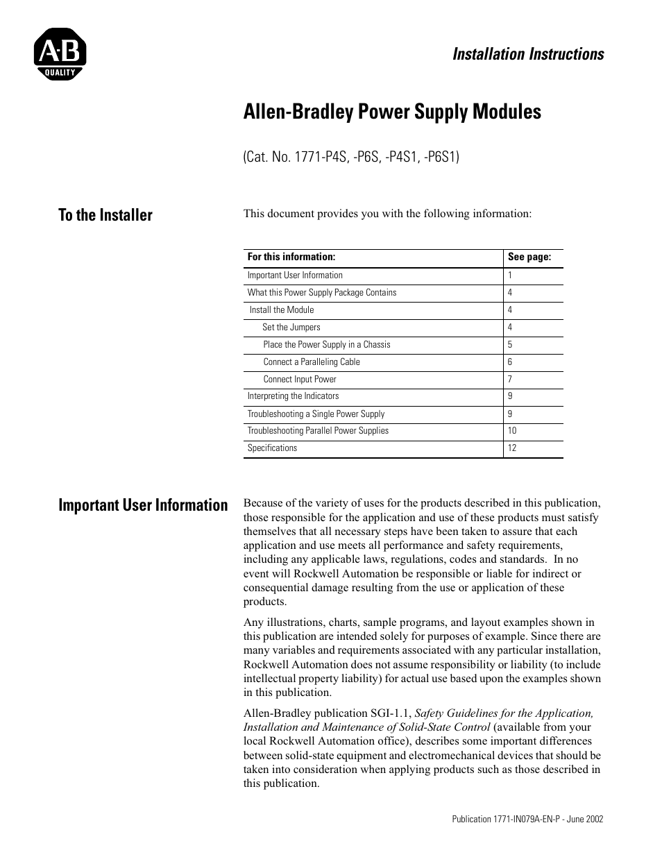 Rockwell Automation 1771-P4S_P6S_P4S1_P6S1 Power Supply Modules Installation Instructions User Manual | 16 pages