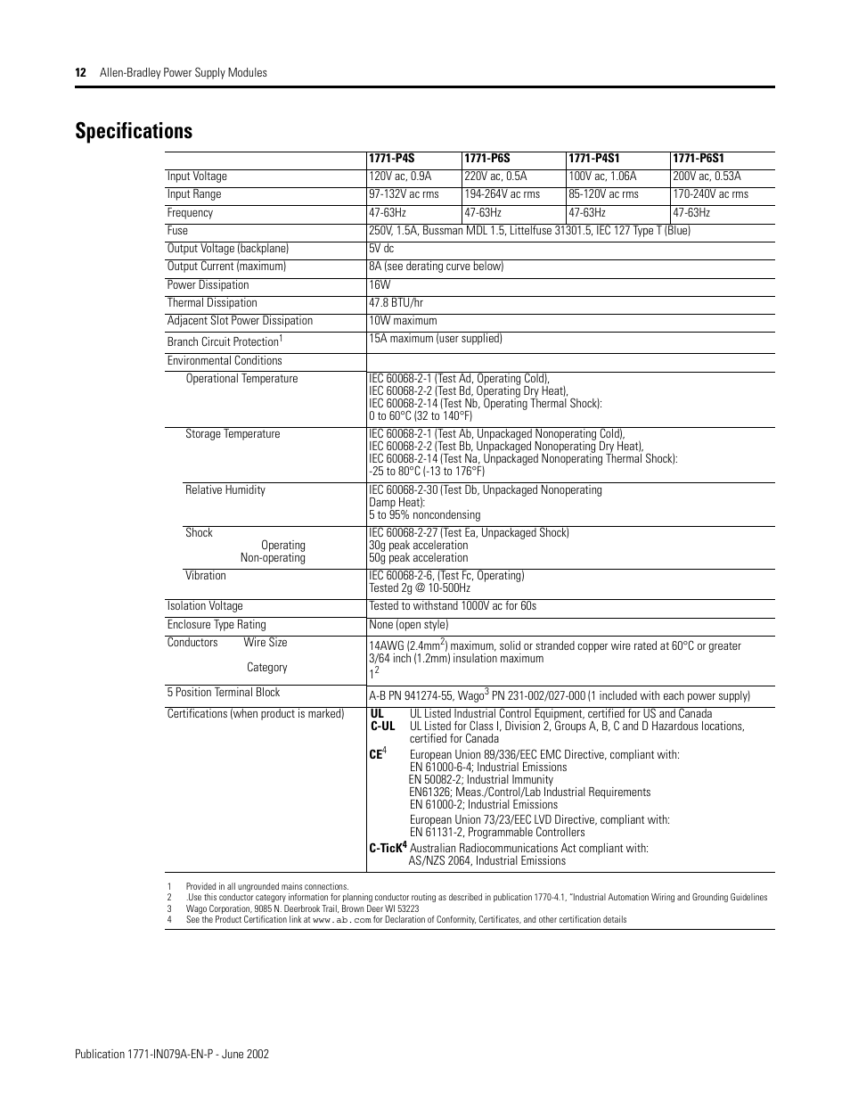 Specifications | Rockwell Automation 1771-P4S_P6S_P4S1_P6S1 Power Supply Modules Installation Instructions User Manual | Page 12 / 16
