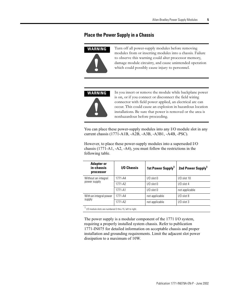 Place the power supply in a chassis | Rockwell Automation 1771-P4S_P6S_P4S1_P6S1 Power Supply Modules Installation Instructions User Manual | Page 5 / 16