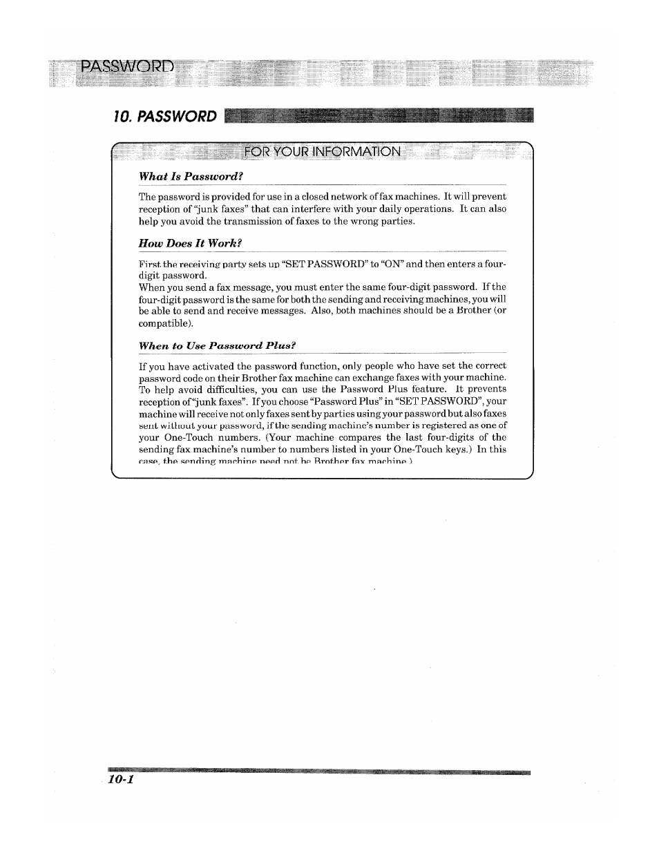 For your inpormation, Password | Brother 2500ML User Manual | Page 100 / 132