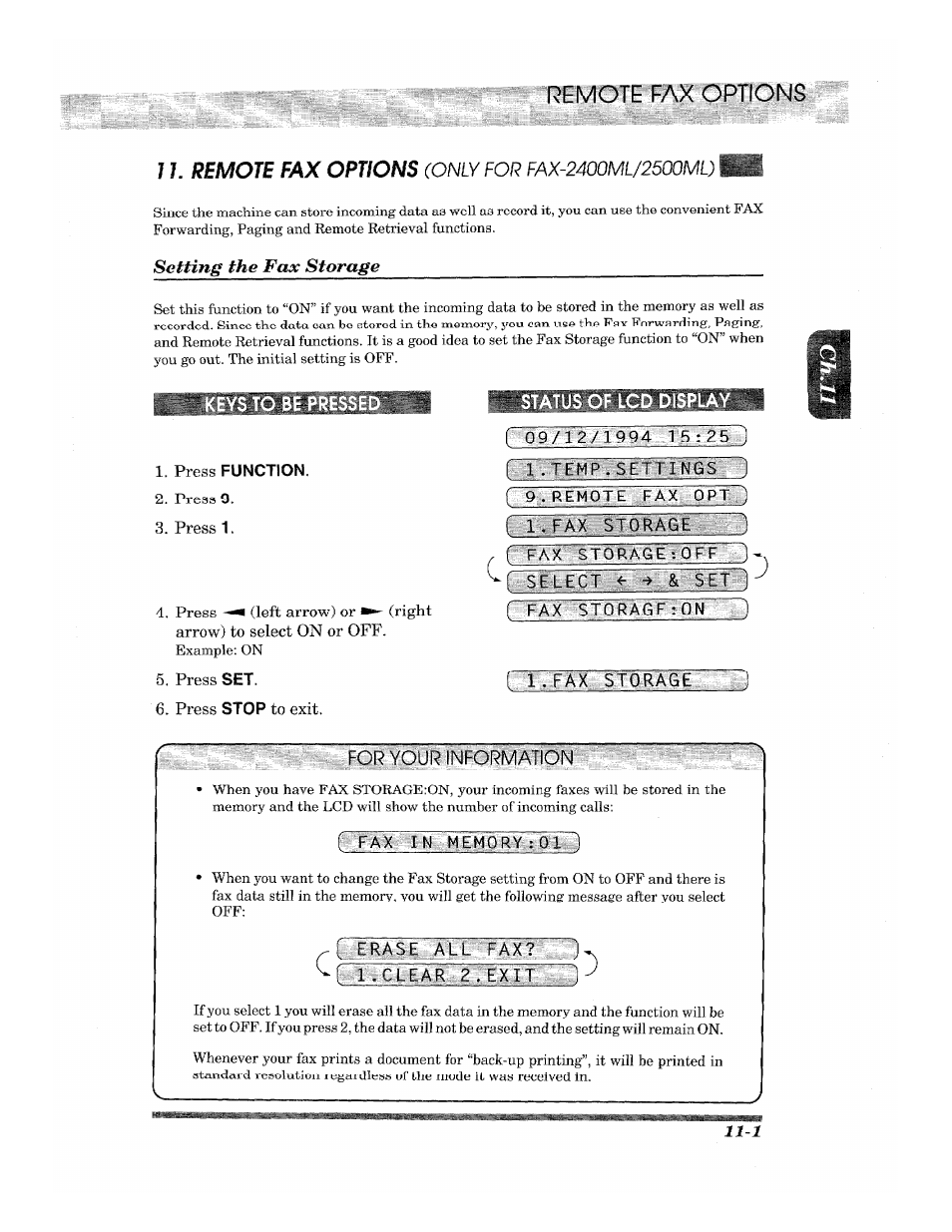 Press function, Press 9, Press 1 | Press set, Press stop to exit, Status of lcd display, L.fax storage, R fax storage:off, Select ^ & _s§u f fax storage: on """n, F l.eax storage | Brother 2500ML User Manual | Page 103 / 132