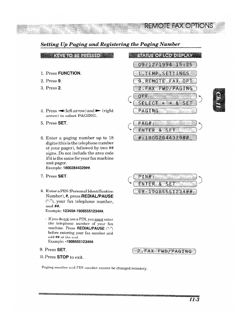 Press function, Status of lcd display, I "09712/1994 15": 25 j fc: r. tewr:, sertl№0srg | Rfmoic fax op i ), Paging, Fnter & -sfy, F"#: 1800 2844329##. 3, Enter &._set | Brother 2500ML User Manual | Page 105 / 132