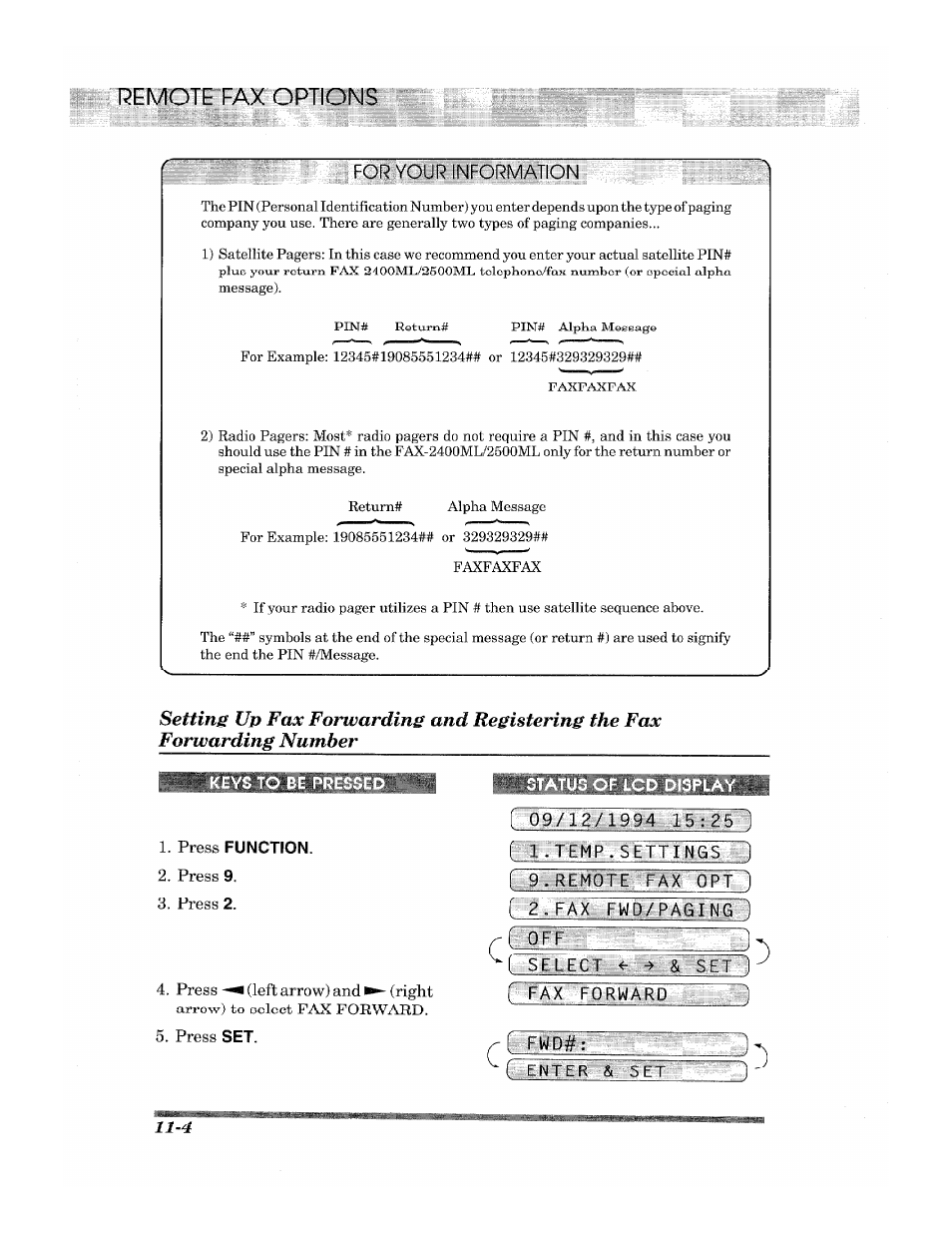 For your information, Be pressed, Press function | Press 9, Press 2, Press(leftarrow) and (right, Press set, Status of lcd display, Pyfnpl #■s“e t ttn g s: 1, Fax rwd/paging | Brother 2500ML User Manual | Page 106 / 132