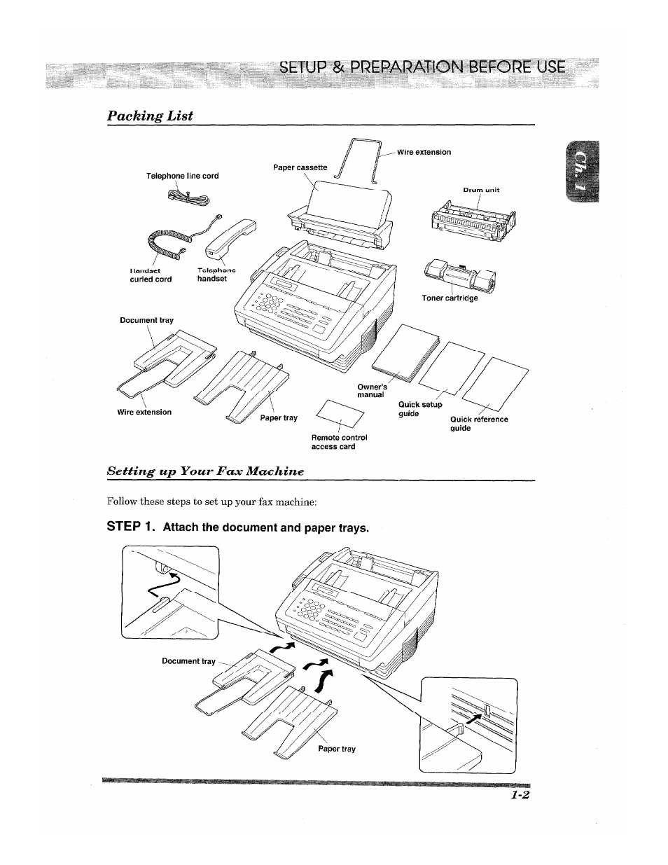 Step 1. attach the document and paper trays, Setting up your fax machine | Brother 2500ML User Manual | Page 11 / 132