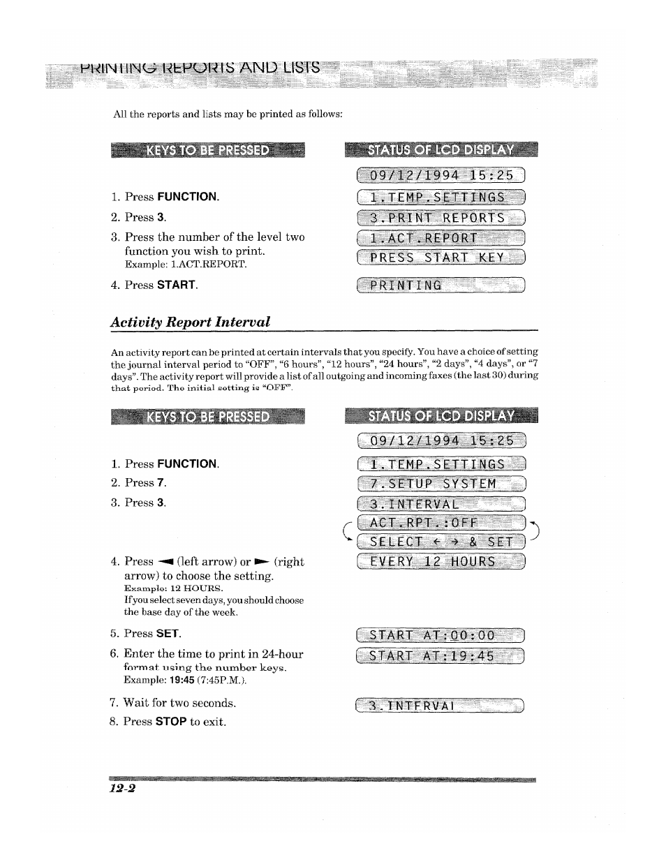 Status of lcd display, F r.teftg:.'s£t:liwj6sy7), F . ml ft,,;fee p'0,rt s | L.act.report, Printing, Press function, 19 /,.i,.27, F n. peep .^^sittjxa, F -7 .setup syslepl, A£:r. ■■.riftr fl;rf | Brother 2500ML User Manual | Page 112 / 132