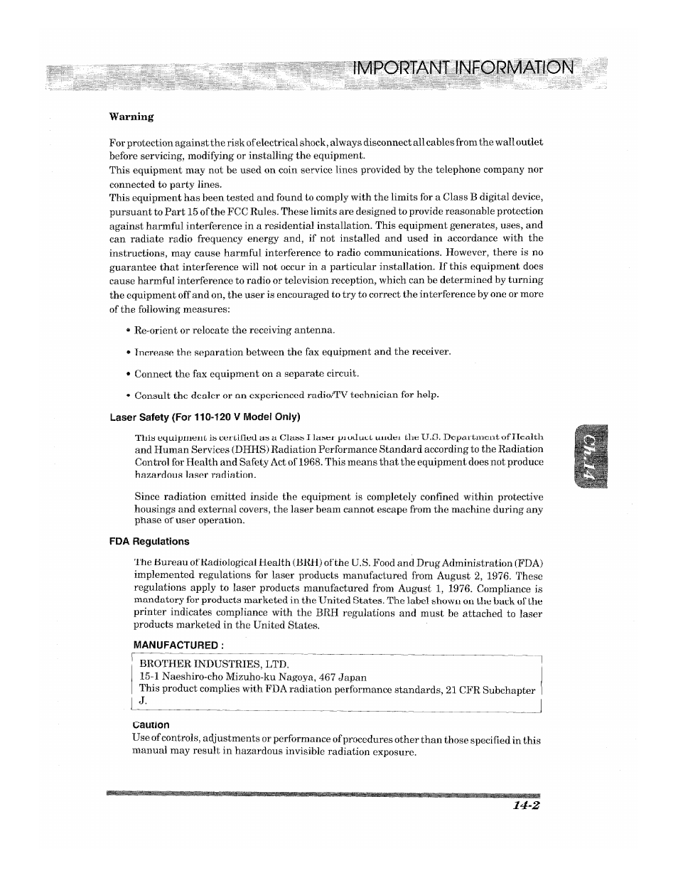 Important informat | Brother 2500ML User Manual | Page 125 / 132