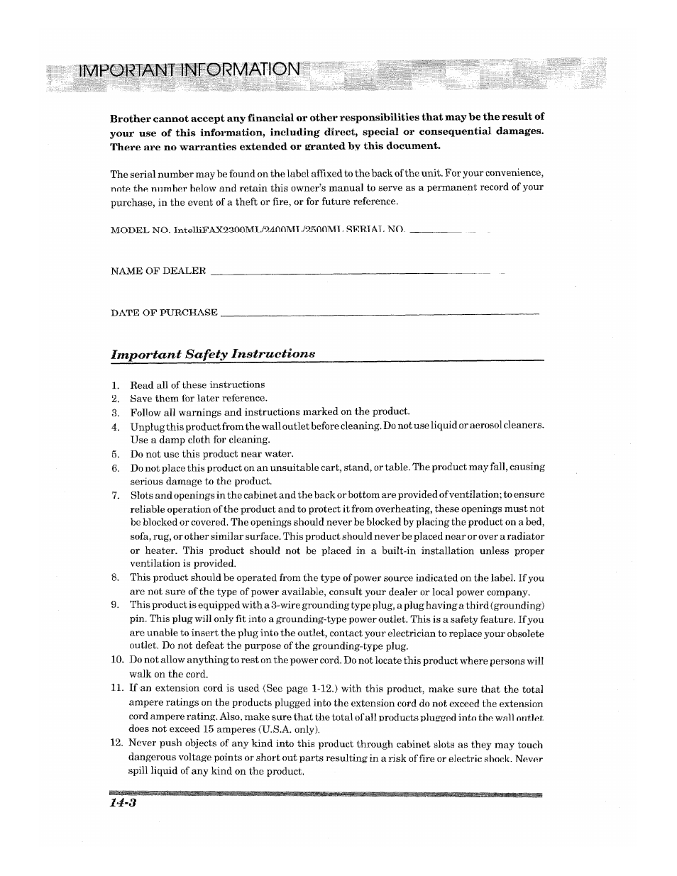 Important safety instructions, Mp0rtmtlw©rmatioivr | Brother 2500ML User Manual | Page 126 / 132