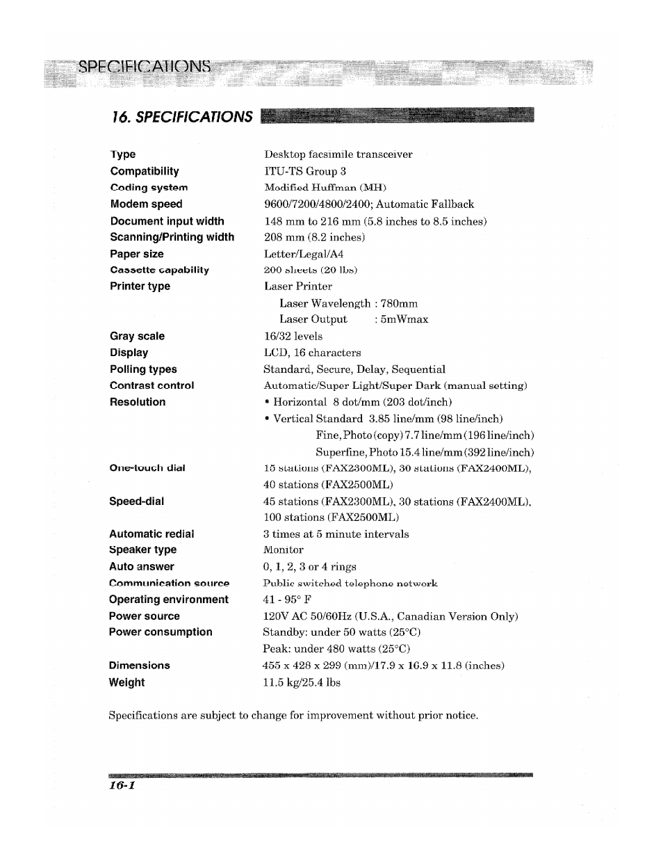 5 kg/25.4 lbs, Specificai ions, Specifications | Brother 2500ML User Manual | Page 130 / 132