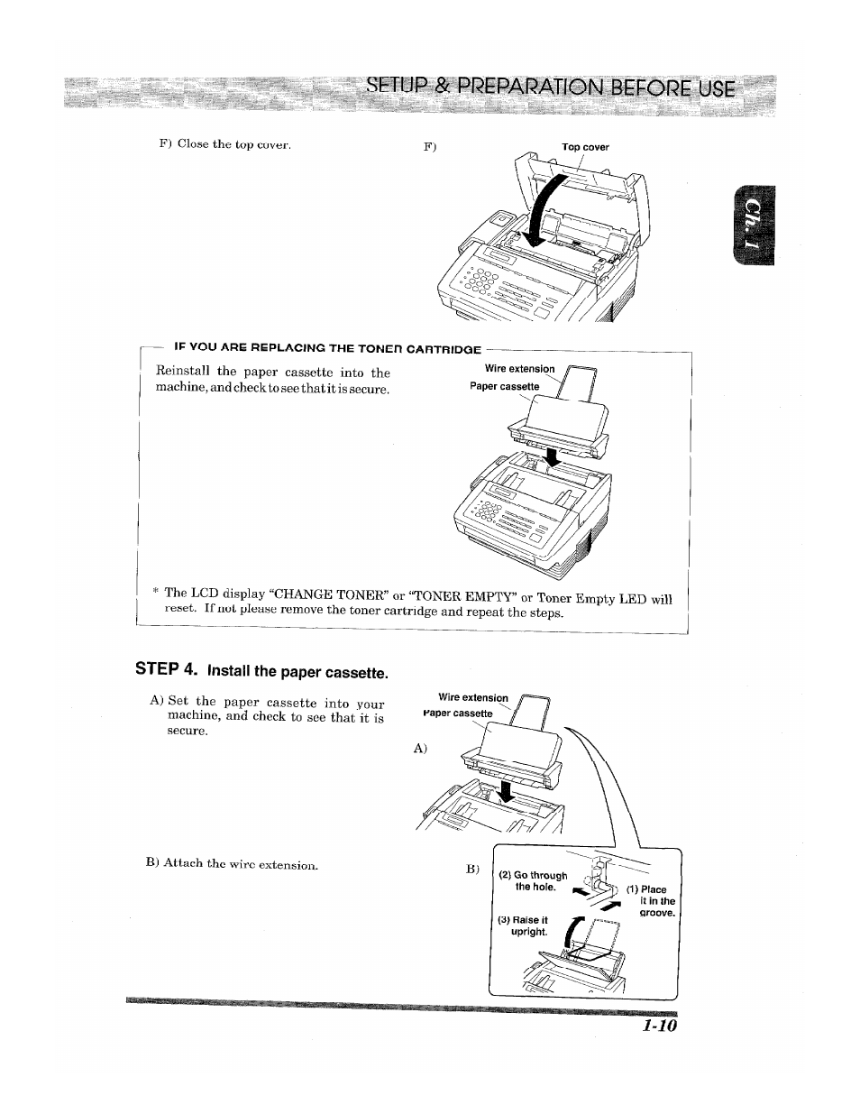 Step 4. install the paper cassette, H setup & preparation before use | Brother 2500ML User Manual | Page 19 / 132