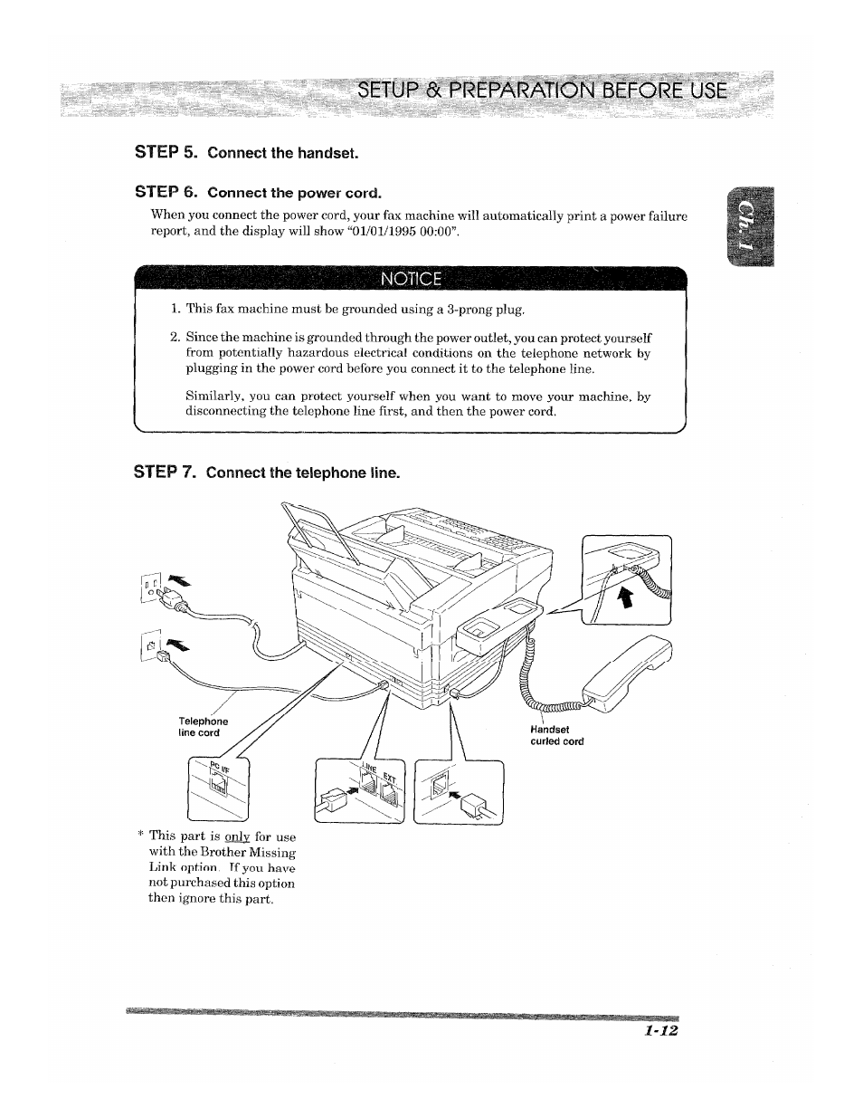 Step 5. connect the handset, Notige, Step 7. connect the telephone line | Preparation before use | Brother 2500ML User Manual | Page 21 / 132