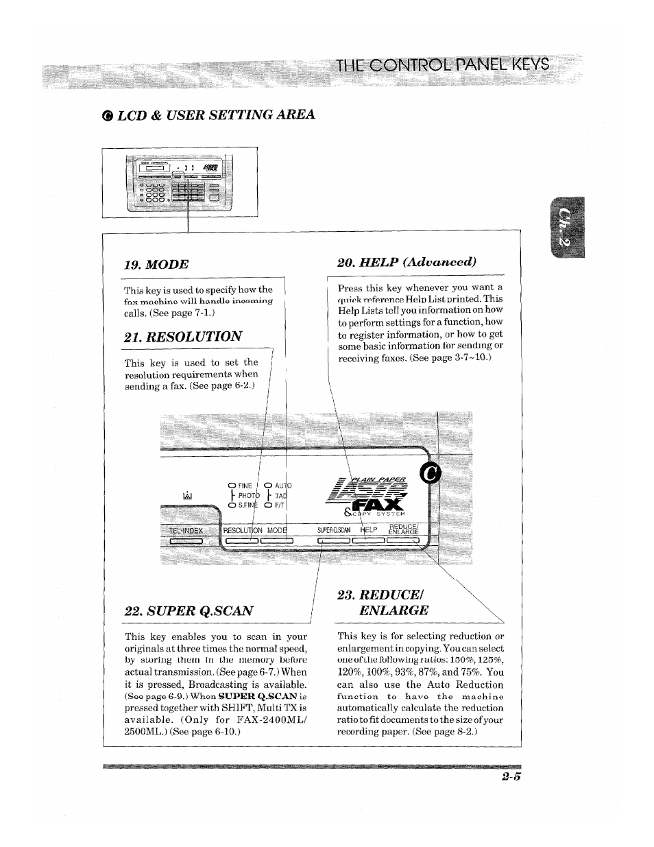 The control panel keys, B lcd & user setting area, Mode | Resolution, Help (advanced), Super q.scan, 2s. reduce! enlarge | Brother 2500ML User Manual | Page 27 / 132