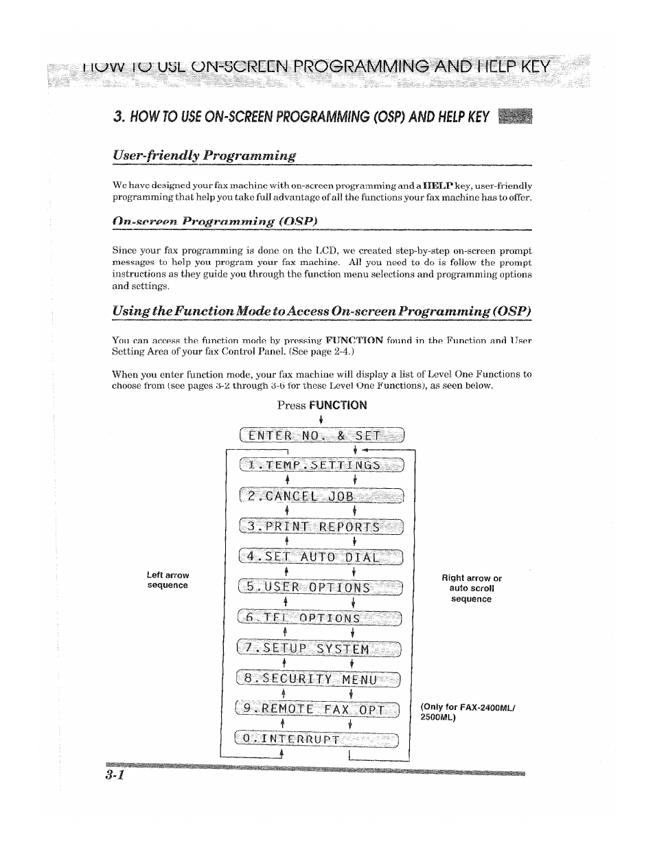 Tiiter no. & set ~1, Fl .temp.settings 1, Cd.se g»ìììiiìl3piaim.i | Remote fax0pt3, Uinf-screen programming amd hetp kéy, User-friendly programming, On-screen programming (osp), 6 .tel ^options : :: 1 | Brother 2500ML User Manual | Page 28 / 132