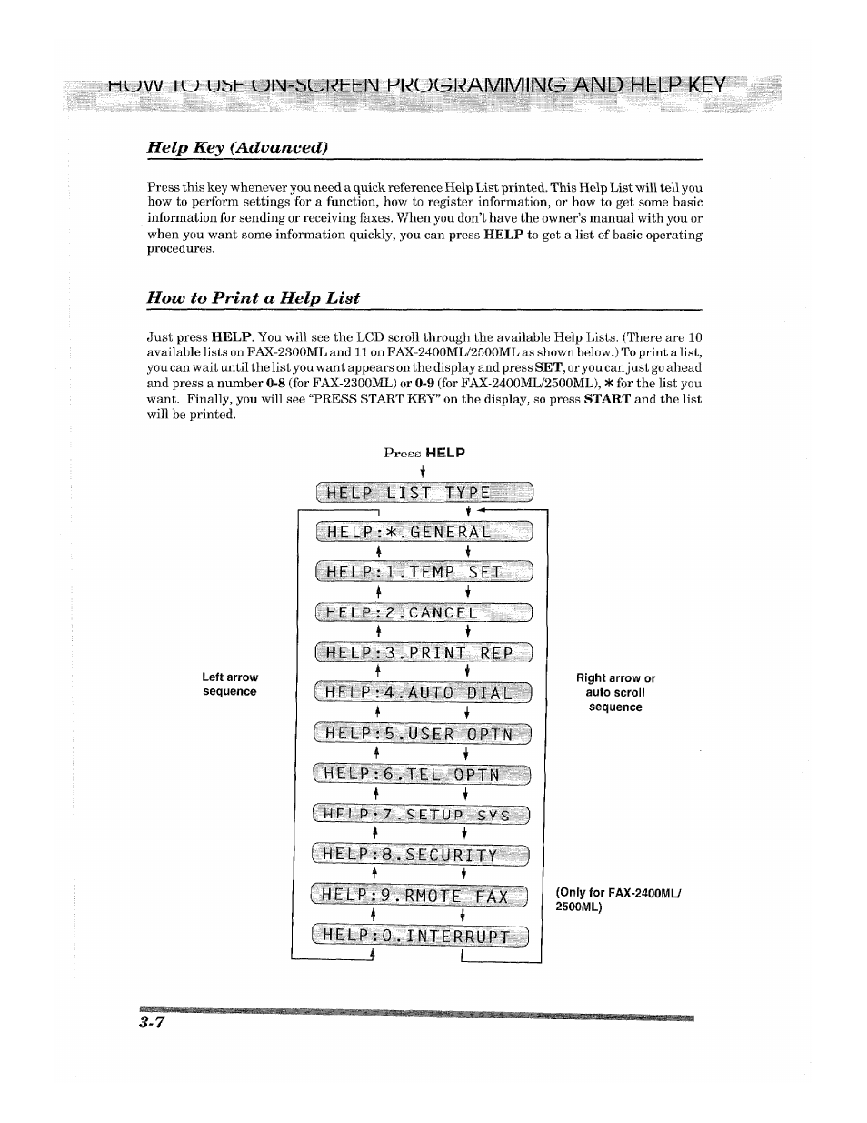 Io «at un-aukhhim tkooixiaiviiviiimo ainu htlp kty, Help key (advanced), How to print a help list | Brother 2500ML User Manual | Page 34 / 132