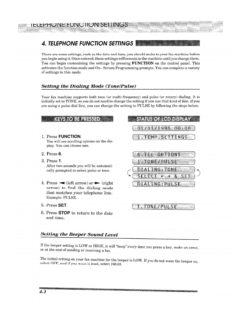 F1 . ifmp.seh ings ), F fll options, D'iwi-|№g tqenier :r pt | F : g i / o a/1,9 o p i mh, Tltkmuint huinuiiun bhi lings, Telephone function settings, Setting the dialing mode (tonelpulse), D'iwi-|№g.... .... tqenier :r pt, Setting the beeper sound level | Brother 2500ML User Manual | Page 40 / 132