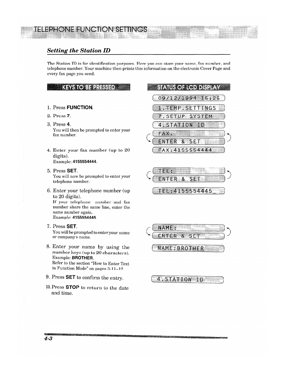 Keys to be press, Press function, Atus of lcd displ | R enter ‘set, Tiilax't415, R'enter & set, Í tel:4i&s$s4445, Name, Enter & set, C ñamé¡brother | Brother 2500ML User Manual | Page 42 / 132