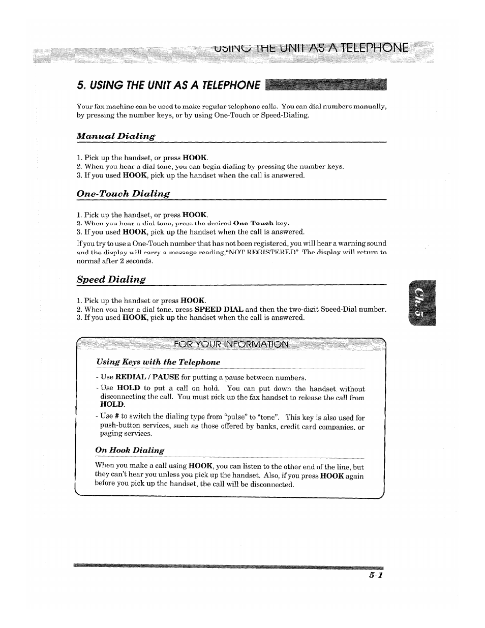 For your information, Using the unit as a telephone, Manual dialing | One-touch dialing, Speed dialing | Brother 2500ML User Manual | Page 49 / 132