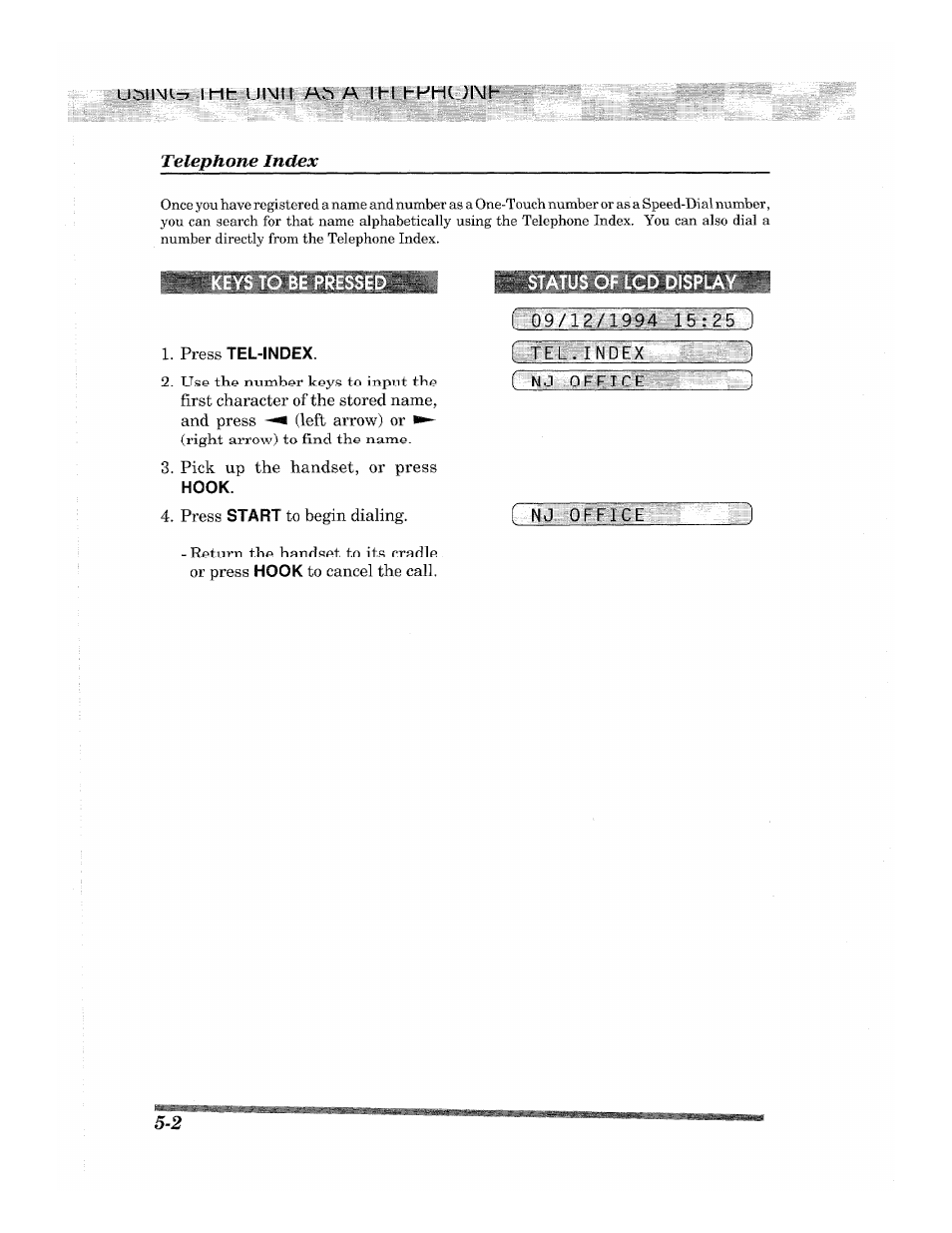 Mt uni i ab a itltkhuimt, Status of lcd disp, L tel.'. index | Telephone index | Brother 2500ML User Manual | Page 50 / 132