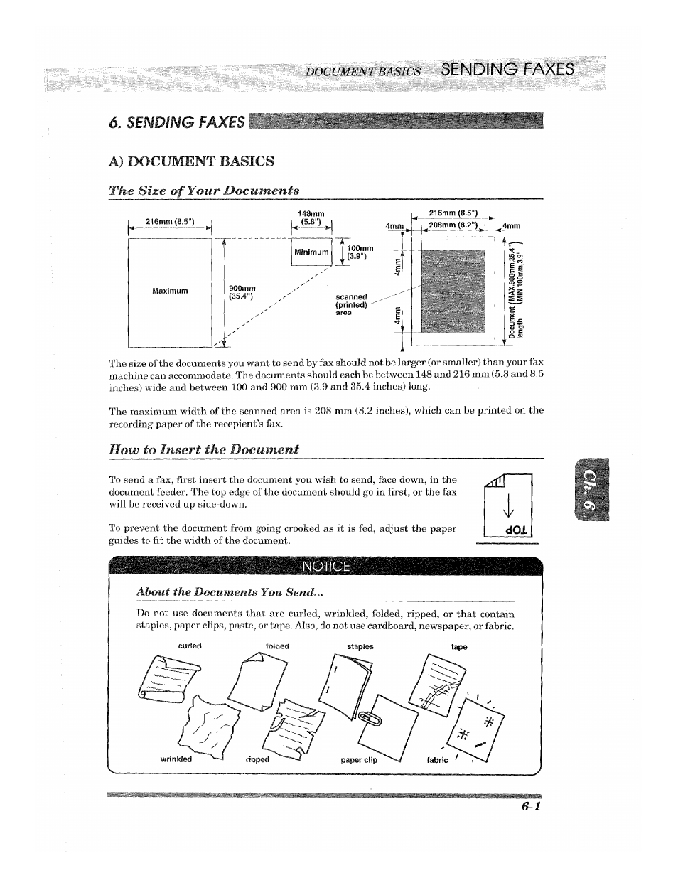 A) document basics, Notige, A) document basics -1 | Sending faxes, A) document basics the size of your documents, How to insert the document | Brother 2500ML User Manual | Page 51 / 132