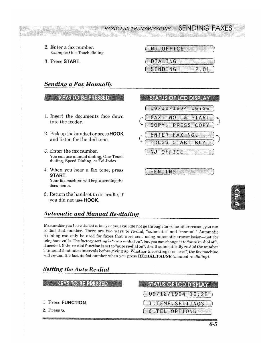 Enter a fax number, Press start, R sending | 1, insert the documents face down into the feeder, 3, enter the fax number, 4, when you hear a fax tone, press start, I 09/12/1994 15:?5, Fax: № &ryrarx ) (^yopy :; ;pfess "cory, I_§nter fax no, Tfij offfce | Brother 2500ML User Manual | Page 55 / 132