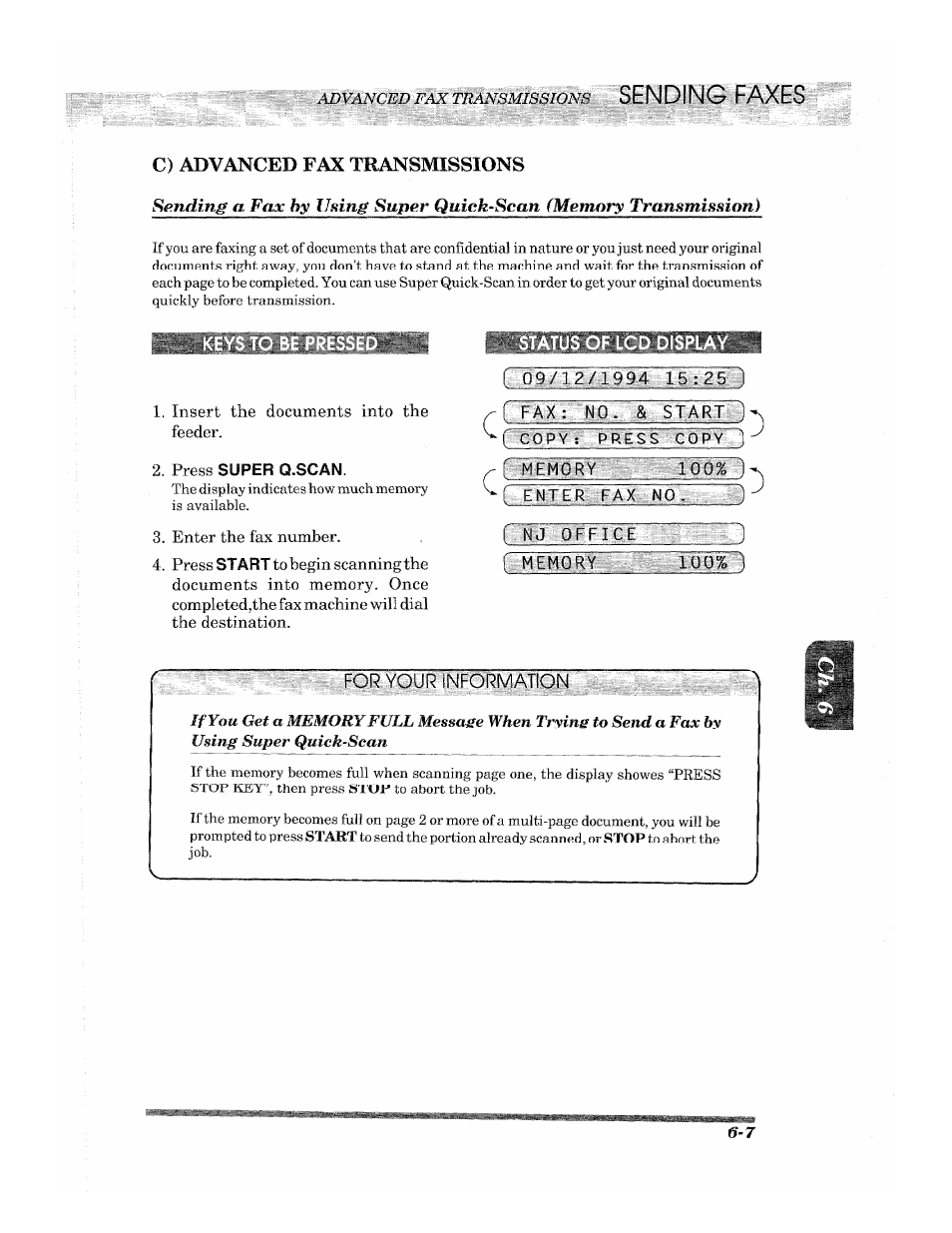 C) advanced fax transmissions, Press super q.scan, Status of lcd display | I 09/l?/1994 ]b:rs ), T fax: nj3., start ' ( copy; press copy, Enter fax no, R memory, For your information, C) advanced fax transmissions -7, Sending faxes | Brother 2500ML User Manual | Page 57 / 132