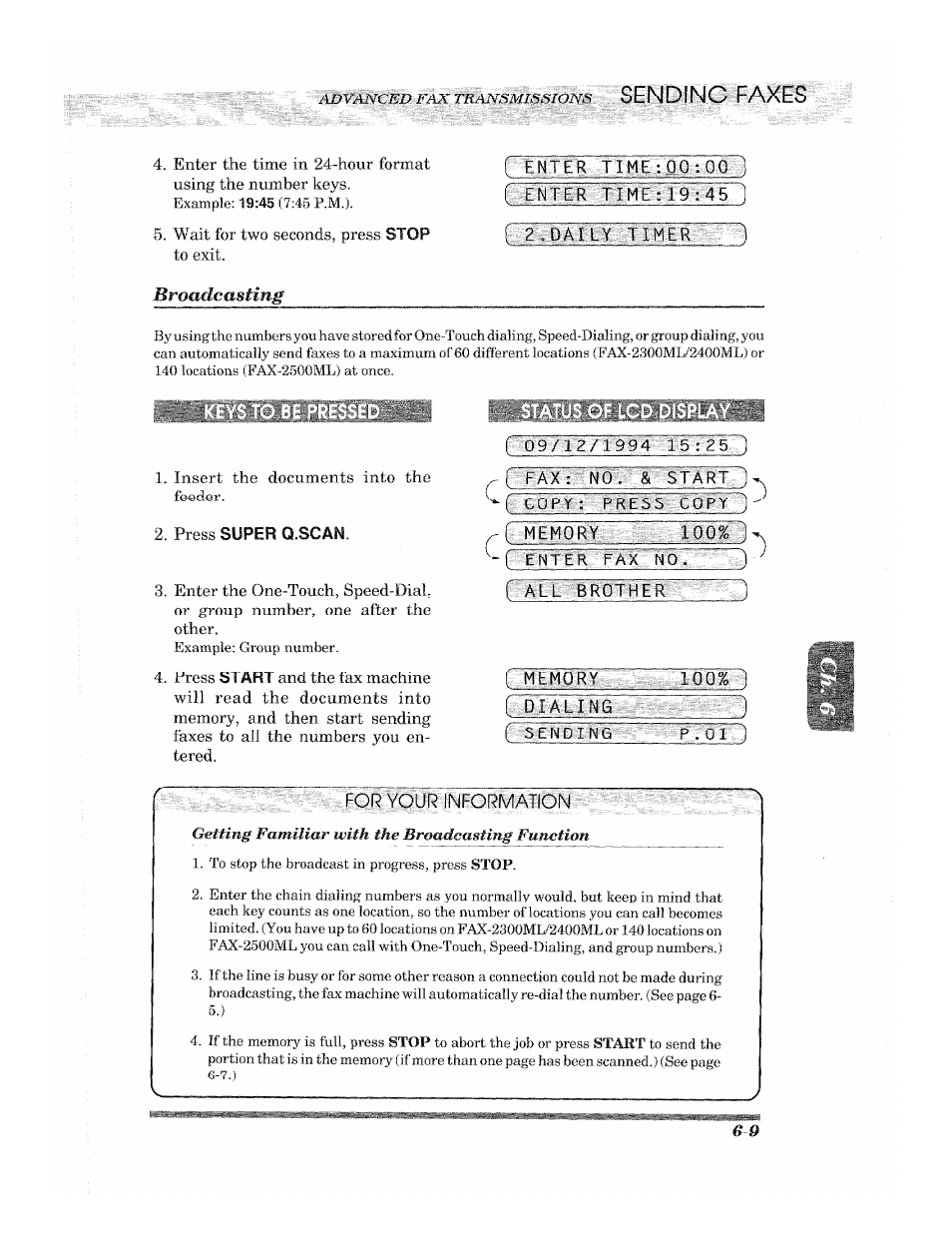 Rënter f lme,:0q~:00 ~) cenier time, Press super q.scam, For your information | Sending faxes | Brother 2500ML User Manual | Page 59 / 132