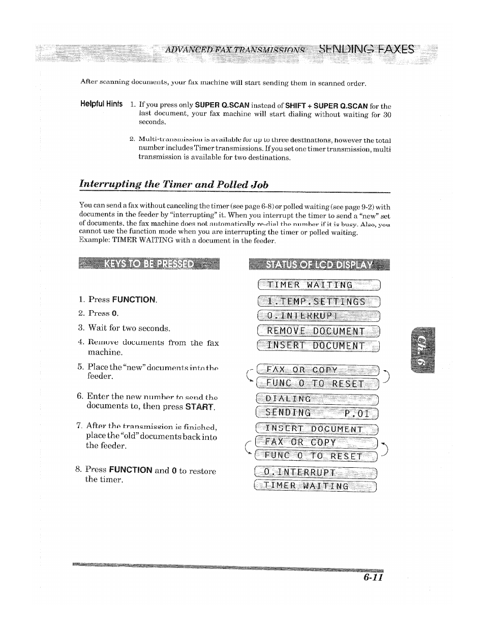 Press function, Timer waiting ] ■' i ■ i hmi>. settings ), Rtnstrt document ) | R~fax or copy, Rrunc 0: to reset ), Ins ert document ), Func 0 to