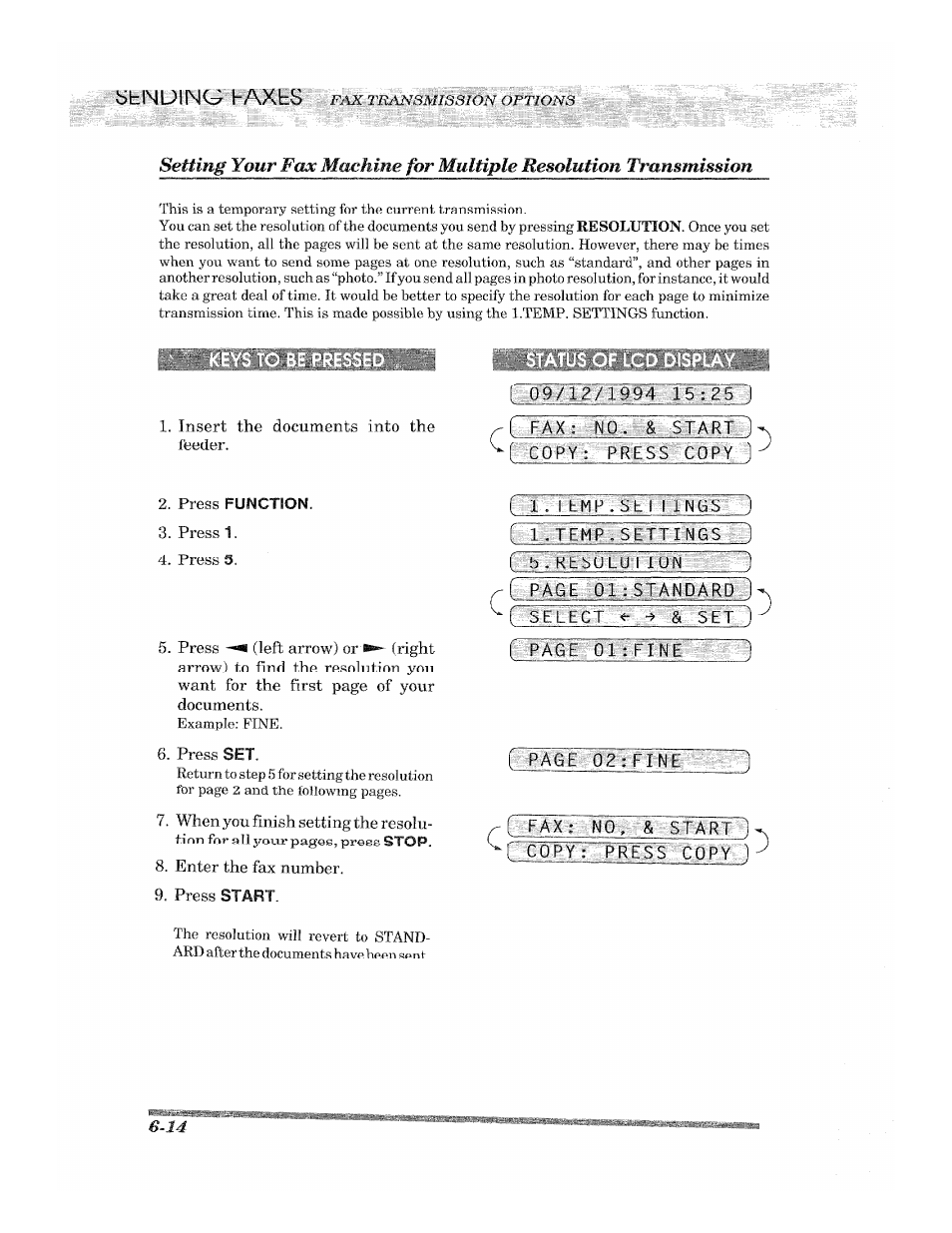 F 09/12/x994:15:25), Press function, Pàge~mg:fine | F fax: no, & starti | Brother 2500ML User Manual | Page 64 / 132