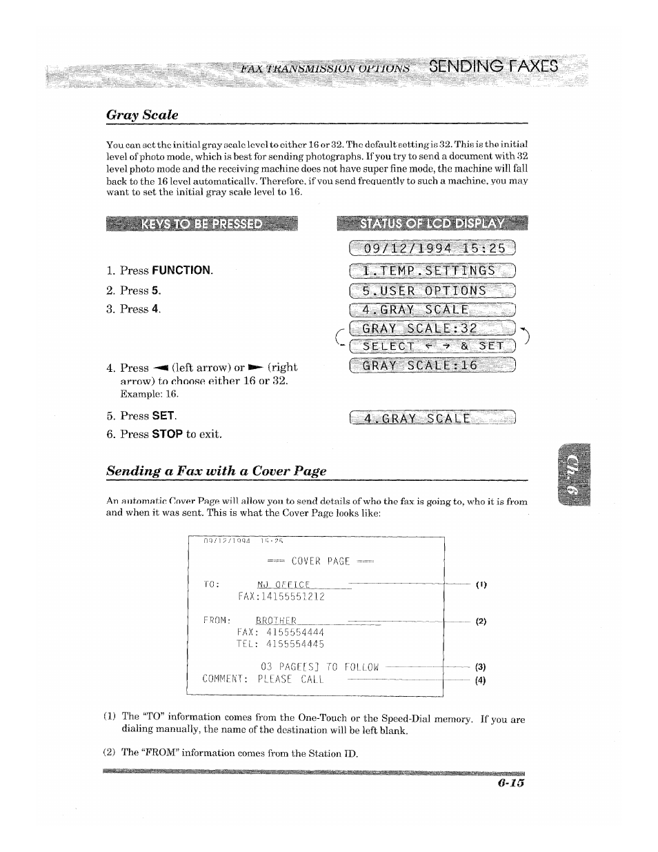Press set, Press stop to exit, To’/12/m94 : 15l25 1 | &ray scale, Í gray :$cale:32 :~3, Grwf^,sca‘le?lfr, C 4.gray scale, Gray scale -15, Gray scale, Sending a fax with a cover page | Brother 2500ML User Manual | Page 65 / 132