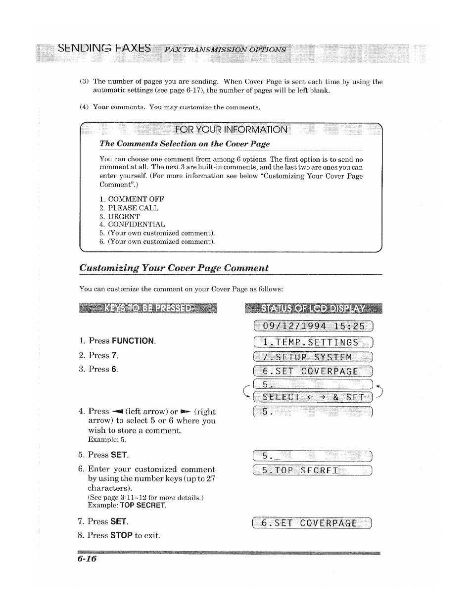 For your information, Press function, Press 7 | Press 6, Press set, Characters), Press stop to exit, 09712/1994 15 : zsu ry.temp ■ setttngwi, Seleim-^.^ & set k, R~57 | Brother 2500ML User Manual | Page 66 / 132