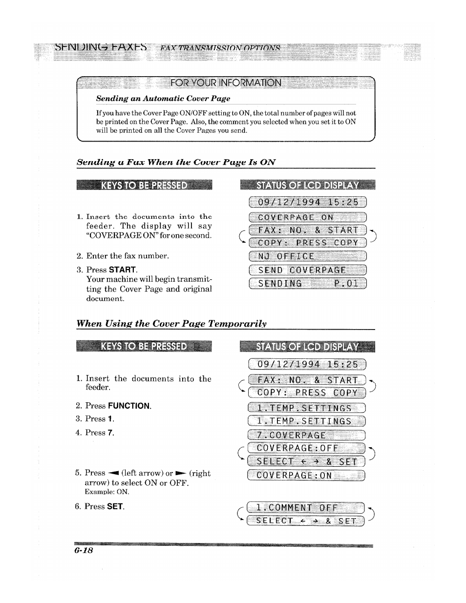 Status of lcd display, Covcrpagc on, C.09y:..?::::-r«es-s;:c:0:f»y j | R nj 0ffice, Keys to be press, Press function, Ii aiimiiiiimiiitiiipj | Brother 2500ML User Manual | Page 68 / 132