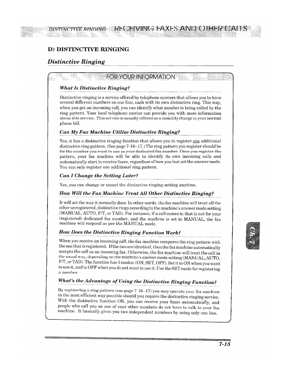 D) distinctive ringing, For your information, Ui hhl^ caliis | D) distinctive ringing distinctive ringing | Brother 2500ML User Manual | Page 87 / 132