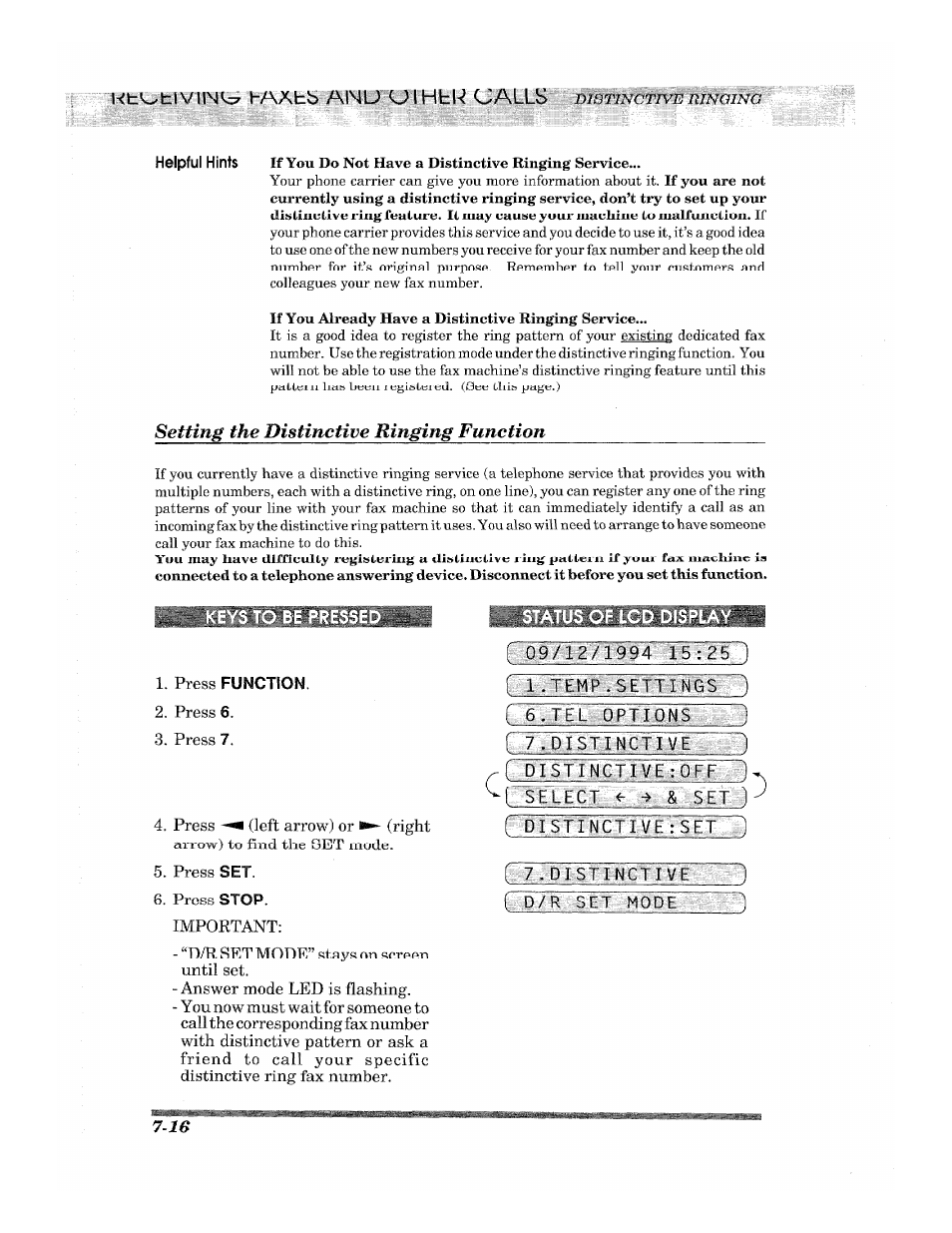 Press function, Setting the distinctive ringing function | Brother 2500ML User Manual | Page 88 / 132